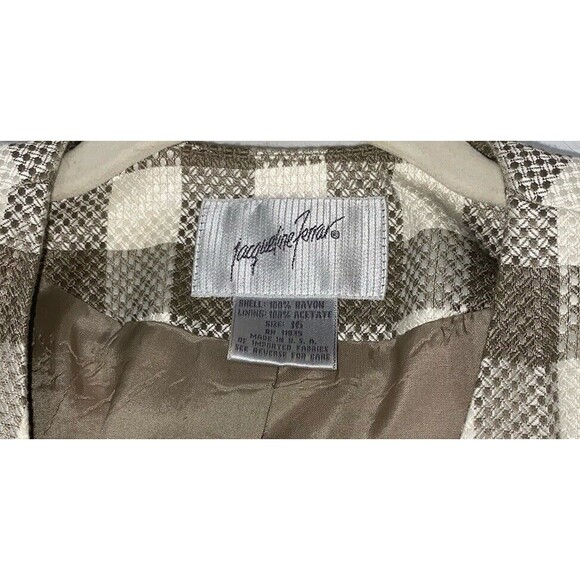 Vintage Jaqueline Ferrar Blazer Womens Size 16 Taupe White Double Breast Checker - Picture 4 of 12
